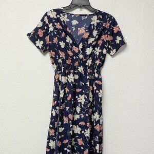 Navy Blue V-Neck Faux Wrap Garterized Waist Short Sleeves Floral Midi Dress